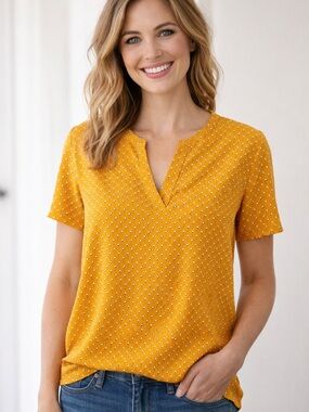 Hilary Radley Mustard Yellow Dotted Split-Neck Short Sleeve Top